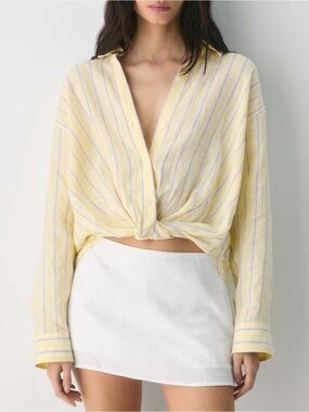 Aritzia Little Moon Portofino Relaxed 100% Linen Striped Button Up Shirt Coastal